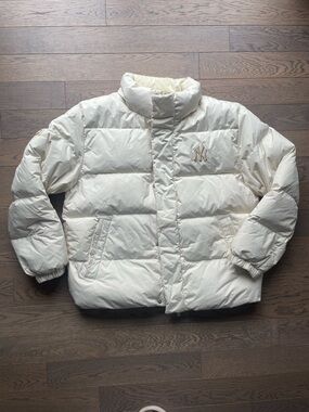 MLB Cream Puffer Jacket with Embroidered NY Logo